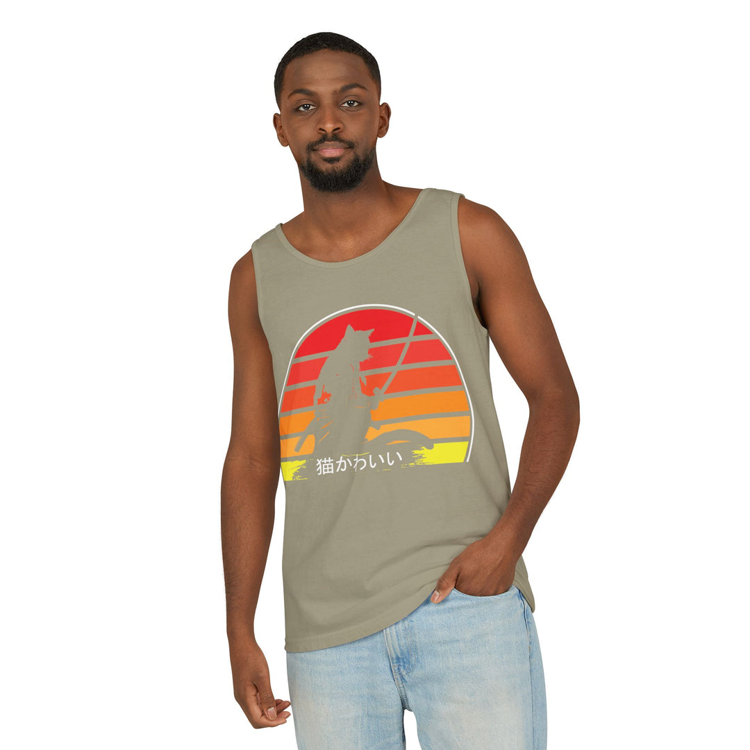 Sunset Cat Tank Top, Unisex Summer Top, Beachwear, Casual Workout Shirt, Gift for Cat Lovers