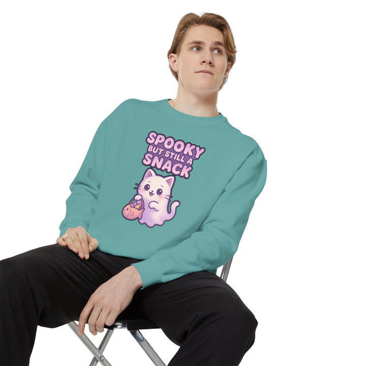 Spooky Snack Sweatshirt Featuring a Cute Ghost Cat Holding a Candy Basket with a Humorous Slogan