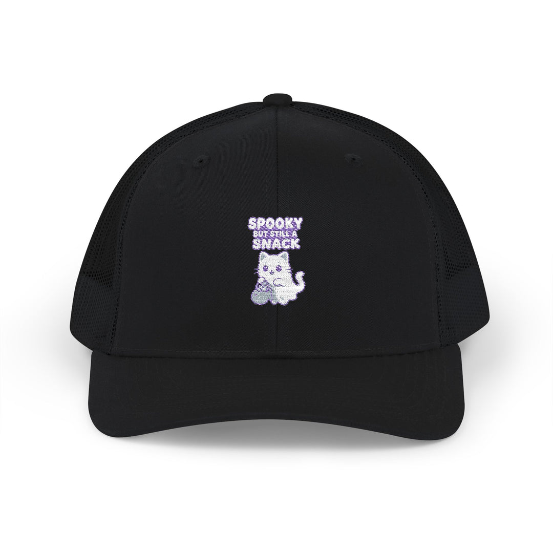 Spooky Snack Snapback Trucker Cap | Funny Hat for Halloween, Cool Gift for Pet Lovers, Embroidered Cap, Casual Summer Accessory, Outdoor Cap