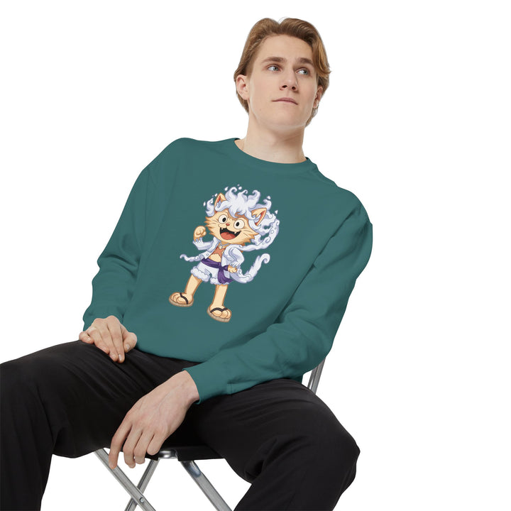Cute Cat Character Sweatshirt Featuring a Whimsical Feline in a Cheerful Anime Inspired Pose for Fans of Unique Graphics Animal Lover Apparel Fun Fashion Casual Wear