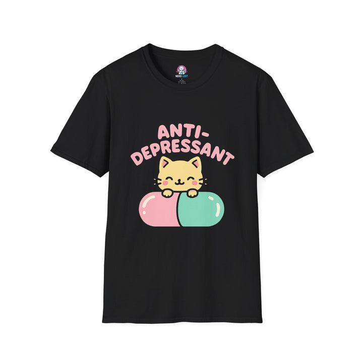 Black T-shirt featuring a smiling cat on a pink-and-teal capsule with Anti-Depressant lettering.