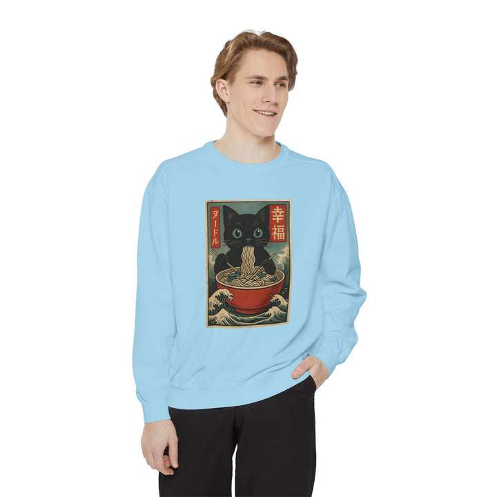 Japanese-Inspired Cat Sweatshirt Featuring a Black Cat Eating Ramen in a Classic Ukiyo-e Woodblock Art Style Cozy Unisex Sweater Cute Gift for Cat Lovers Casual Lounge Wear Perfect for Fall