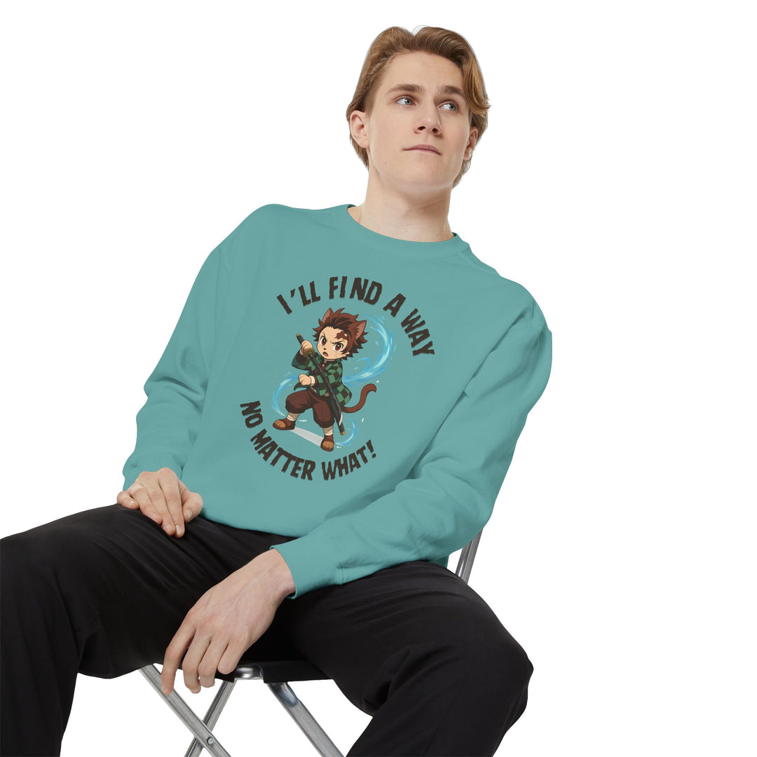 Motivational Unisex Sweatshirt with an Anime-Inspired Cat Demon Slayer and the Slogan "I'll Find a Way No Matter What Inspirational Gift Cozy Fashion Everyday Wear Unique Statement Piece