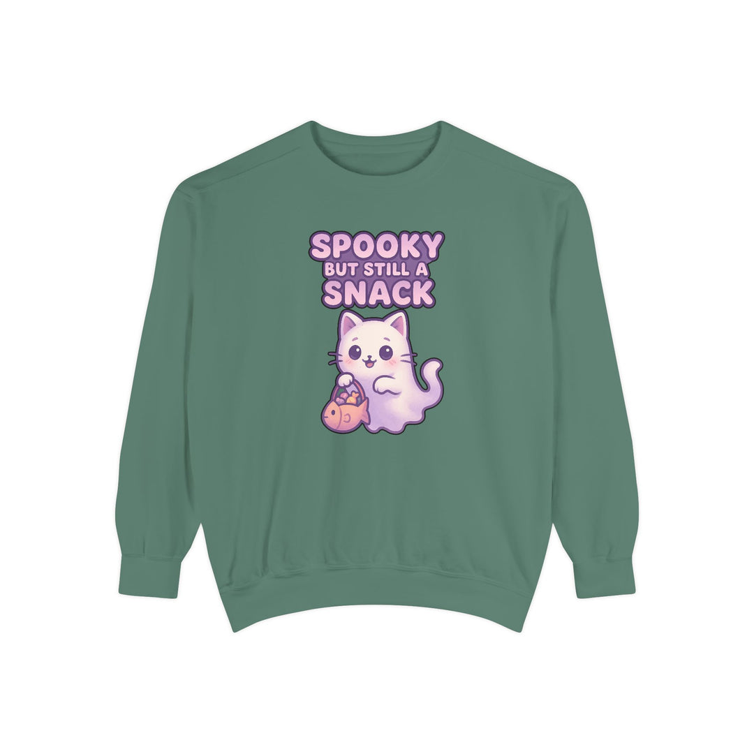 Spooky Snack Sweatshirt Featuring a Cute Ghost Cat Holding a Candy Basket with a Humorous Slogan