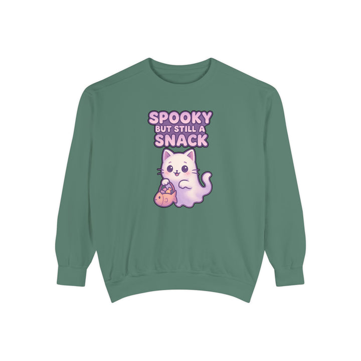 Spooky Snack Sweatshirt Featuring a Cute Ghost Cat Holding a Candy Basket with a Humorous Slogan