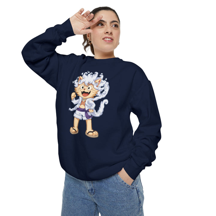 Cute Cat Character Sweatshirt Featuring a Whimsical Feline in a Cheerful Anime Inspired Pose for Fans of Unique Graphics Animal Lover Apparel Fun Fashion Casual Wear