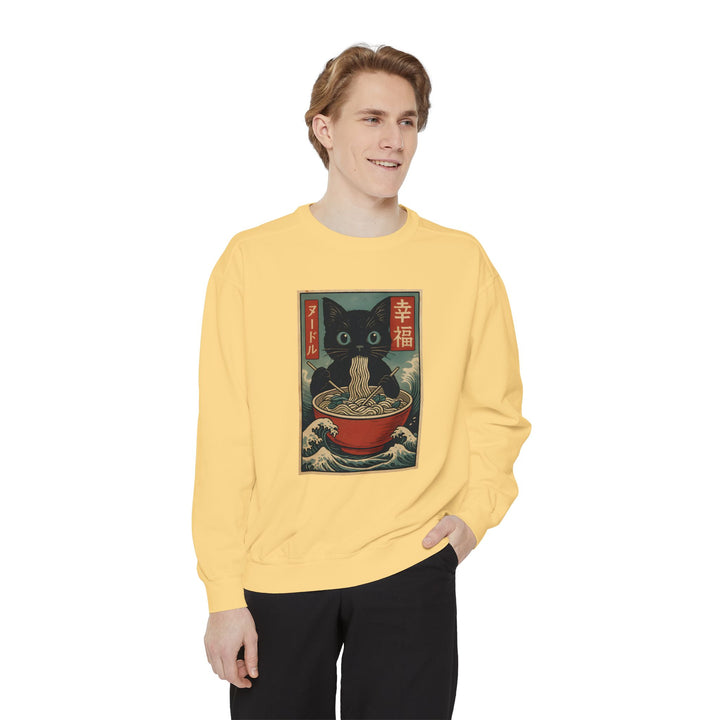 Japanese-Inspired Cat Sweatshirt Featuring a Black Cat Eating Ramen in a Classic Ukiyo-e Woodblock Art Style Cozy Unisex Sweater Cute Gift for Cat Lovers Casual Lounge Wear Perfect for Fall