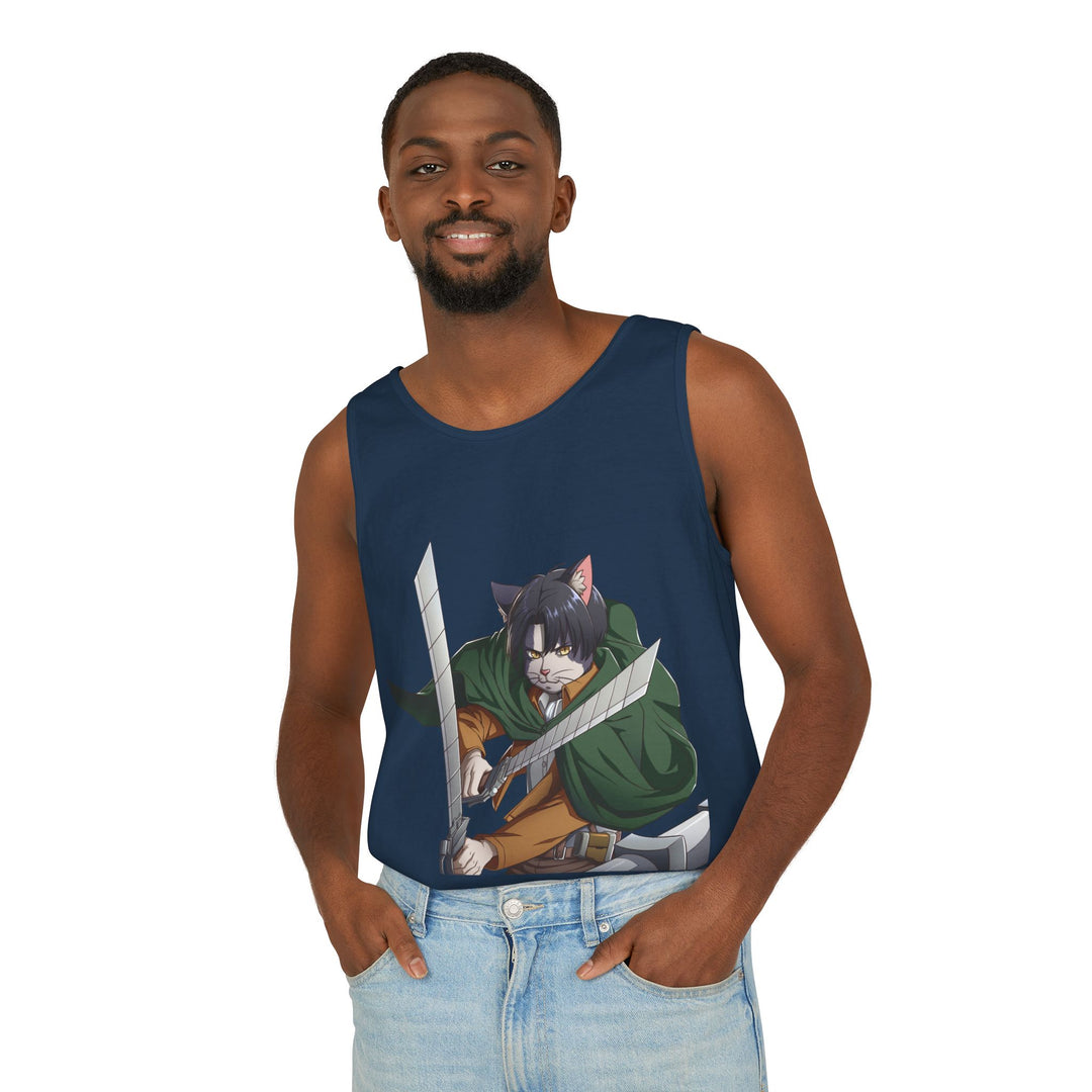 Anime Cat Warrior Tank Top, Unisex Graphic Tee, Cute Anime Apparel, Summer Fashion, Gift for Anime Fans