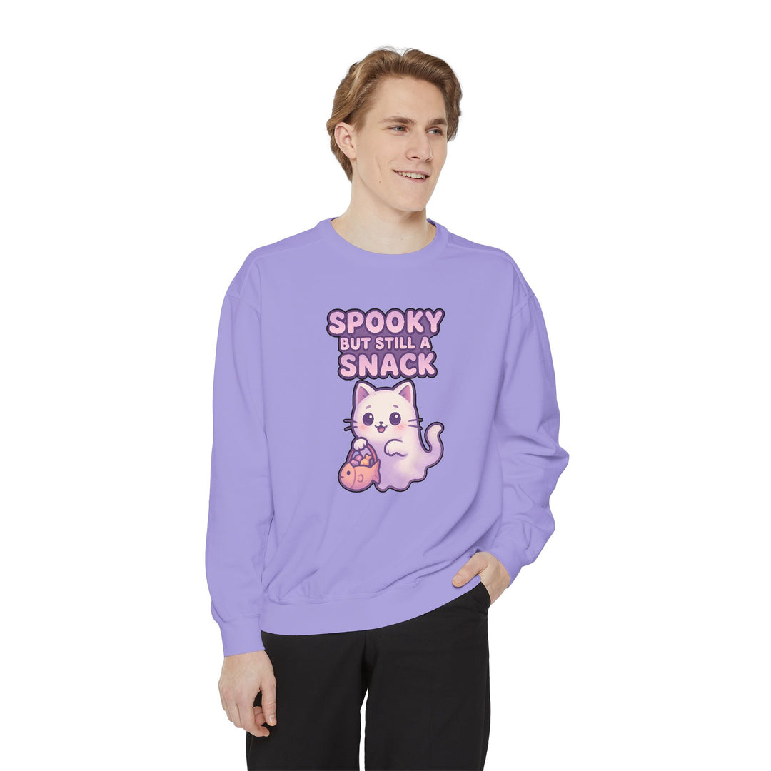 Spooky Snack Sweatshirt Featuring a Cute Ghost Cat Holding a Candy Basket with a Humorous Slogan