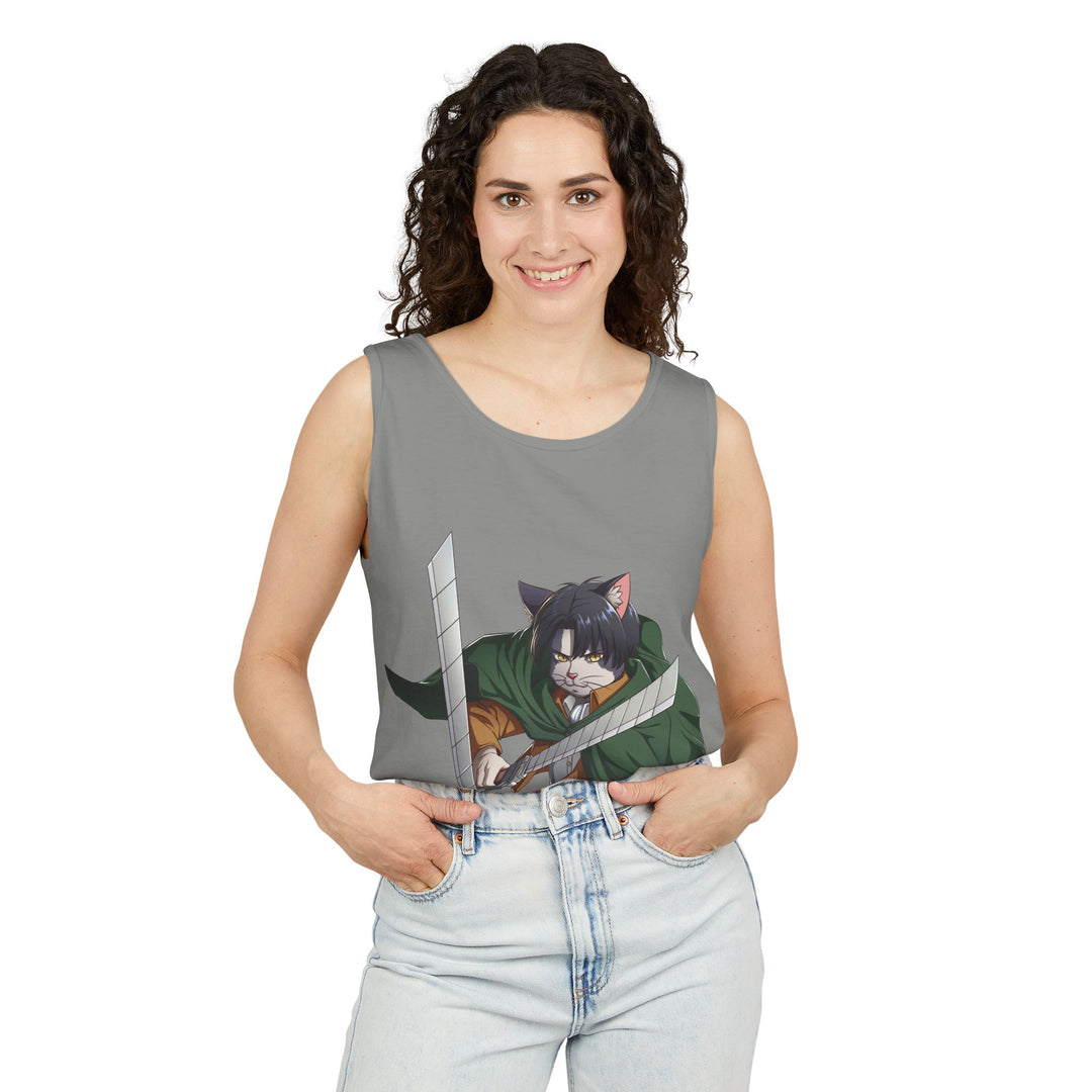 Anime Cat Warrior Tank Top, Unisex Graphic Tee, Cute Anime Apparel, Summer Fashion, Gift for Anime Fans