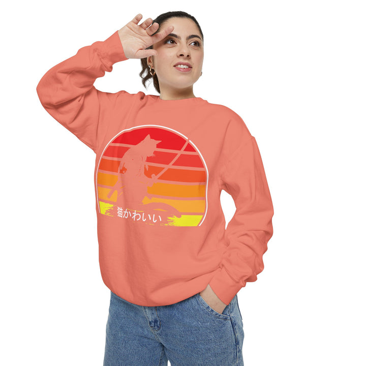 Sunset Samurai Sweatshirt | Cozy Unisex Garment-Dyed Pullover, Gift for Anime Lovers, Japanese Aesthetic Apparel, Fall Fashion, Casual Wear