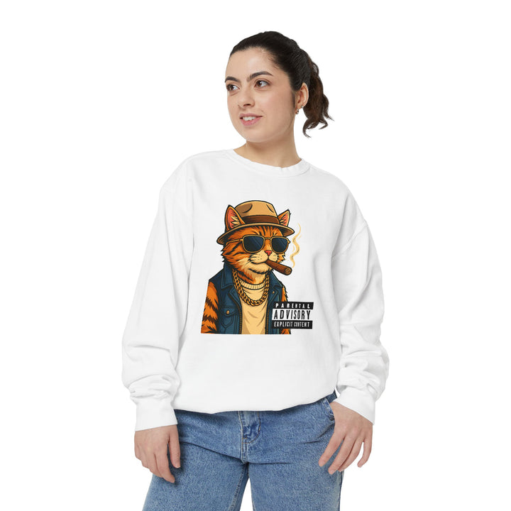 Cool Cat Vintage Sweatshirt with a Black Cat Eating Ramen in a Japanese Ukiyo-e Woodblock Art Style