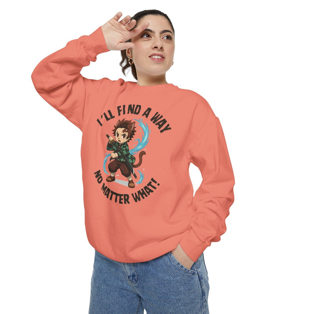 Motivational Unisex Sweatshirt with an Anime-Inspired Cat Demon Slayer and the Slogan "I'll Find a Way No Matter What Inspirational Gift Cozy Fashion Everyday Wear Unique Statement Piece