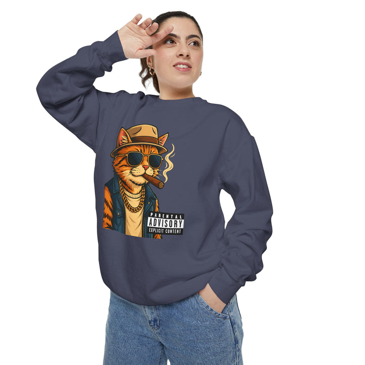 Cool Cat Vintage Sweatshirt with a Black Cat Eating Ramen in a Japanese Ukiyo-e Woodblock Art Style
