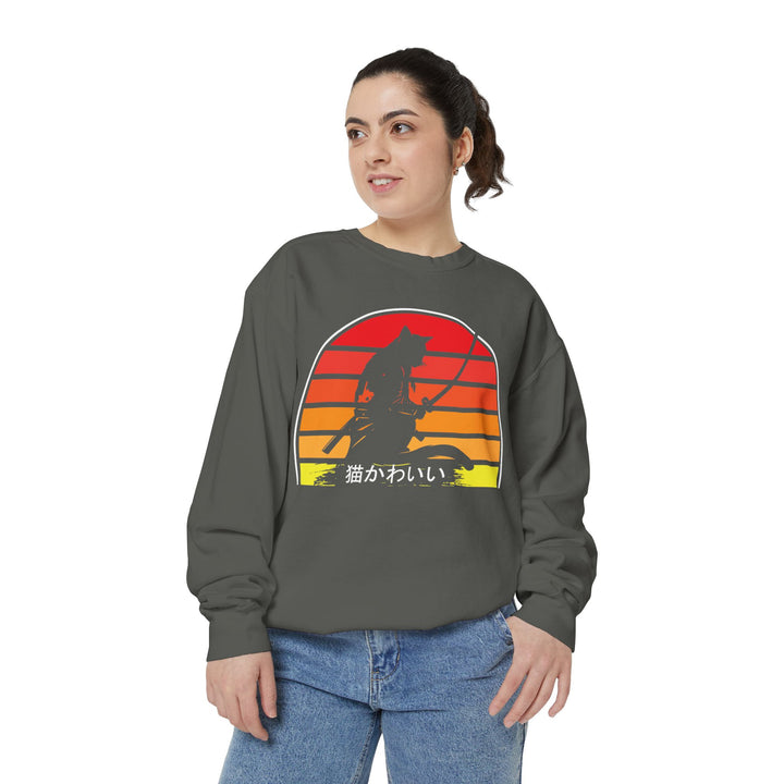 Sunset Samurai Sweatshirt | Cozy Unisex Garment-Dyed Pullover, Gift for Anime Lovers, Japanese Aesthetic Apparel, Fall Fashion, Casual Wear