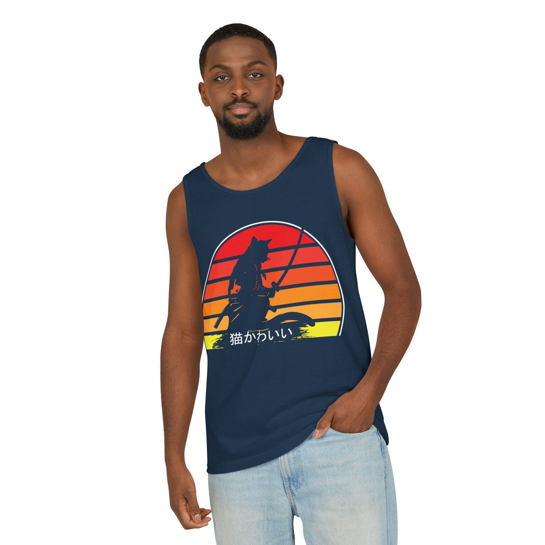 Sunset Cat Tank Top, Unisex Summer Top, Beachwear, Casual Workout Shirt, Gift for Cat Lovers