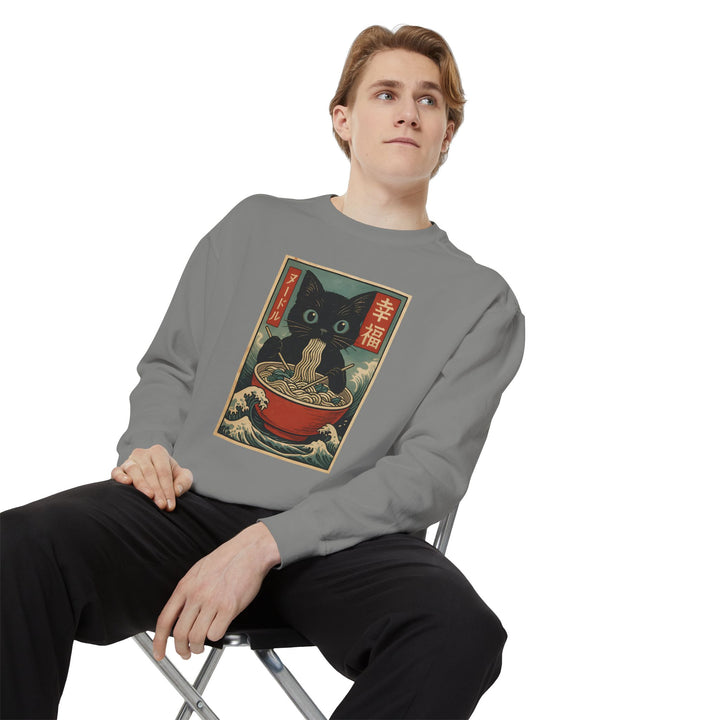 Japanese-Inspired Cat Sweatshirt Featuring a Black Cat Eating Ramen in a Classic Ukiyo-e Woodblock Art Style Cozy Unisex Sweater Cute Gift for Cat Lovers Casual Lounge Wear Perfect for Fall