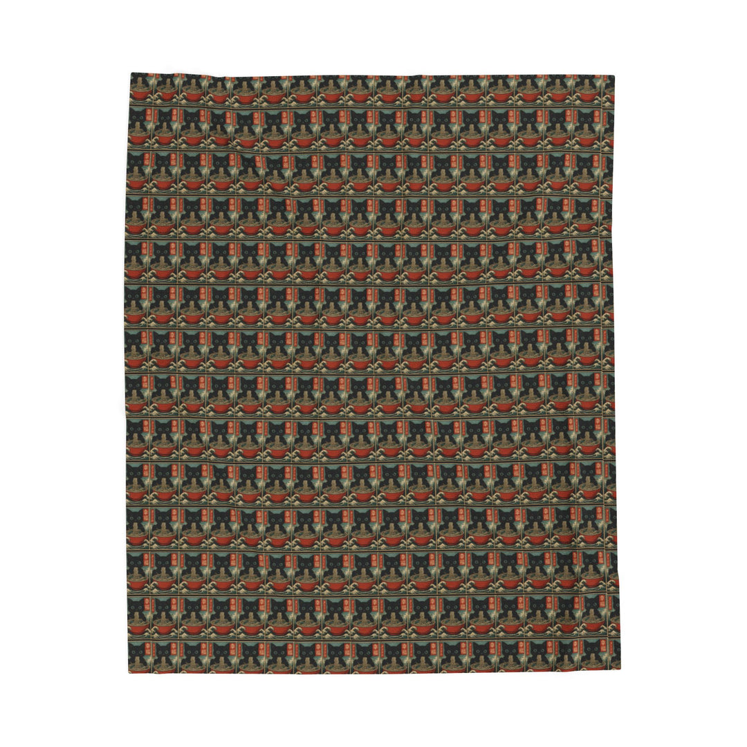 Velveteen Plush Blanket Featuring a Repeating Pattern of a Black Cat Eating Ramen in Ukiyo-e Style