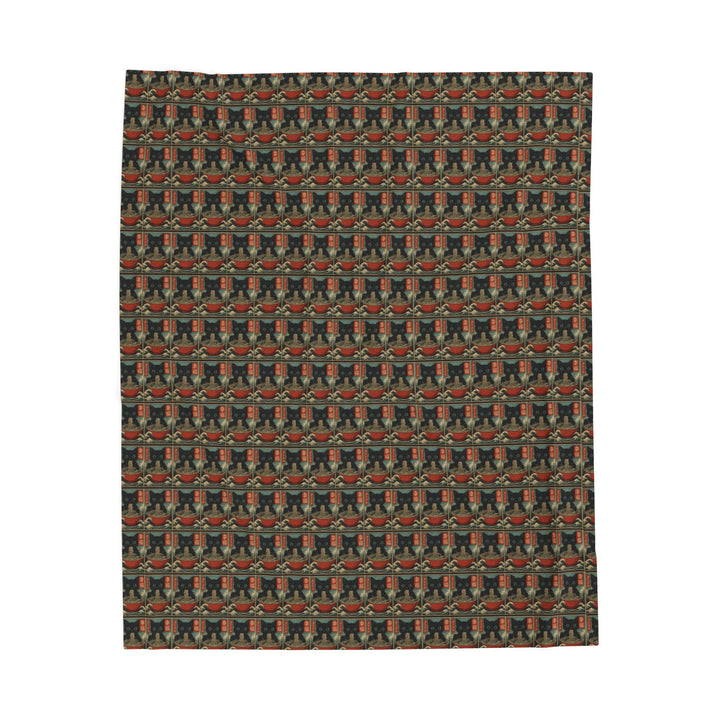 Velveteen Plush Blanket Featuring a Repeating Pattern of a Black Cat Eating Ramen in Ukiyo-e Style