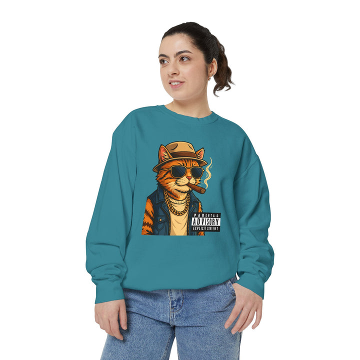Cool Cat Vintage Sweatshirt with a Black Cat Eating Ramen in a Japanese Ukiyo-e Woodblock Art Style