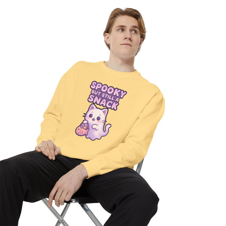 Spooky Snack Sweatshirt Featuring a Cute Ghost Cat Holding a Candy Basket with a Humorous Slogan