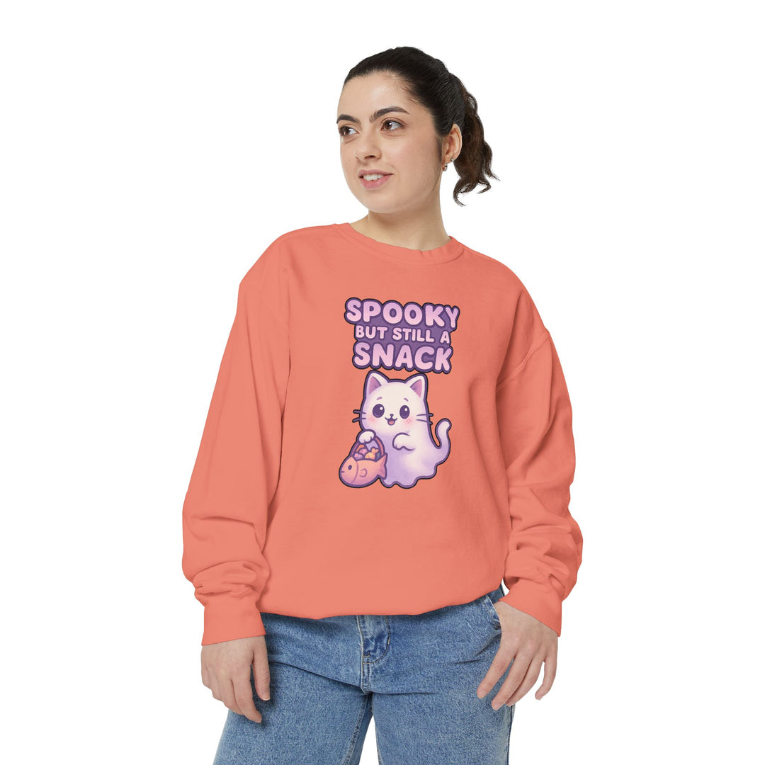 Spooky Snack Sweatshirt Featuring a Cute Ghost Cat Holding a Candy Basket with a Humorous Slogan