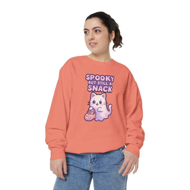 Spooky Snack Sweatshirt Featuring a Cute Ghost Cat Holding a Candy Basket with a Humorous Slogan