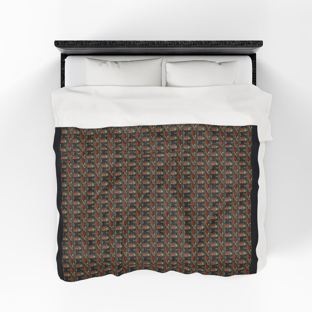 Velveteen Plush Blanket Featuring a Repeating Pattern of a Black Cat Eating Ramen in Ukiyo-e Style