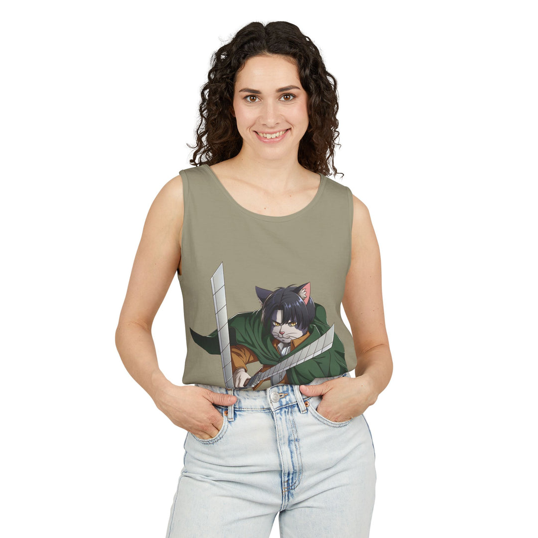 Anime Cat Warrior Tank Top, Unisex Graphic Tee, Cute Anime Apparel, Summer Fashion, Gift for Anime Fans