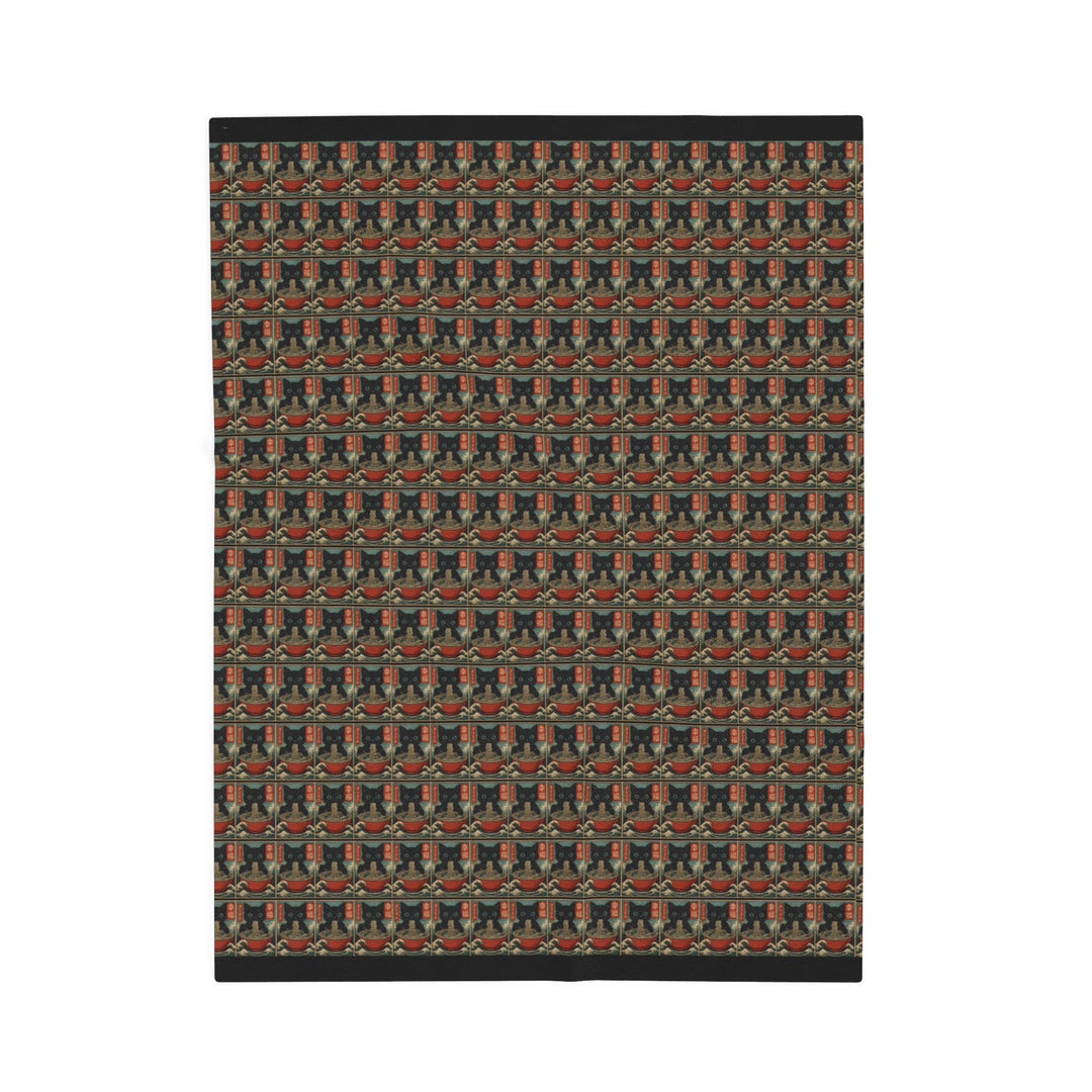 Velveteen Plush Blanket Featuring a Repeating Pattern of a Black Cat Eating Ramen in Ukiyo-e Style