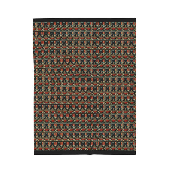 Velveteen Plush Blanket Featuring a Repeating Pattern of a Black Cat Eating Ramen in Ukiyo-e Style