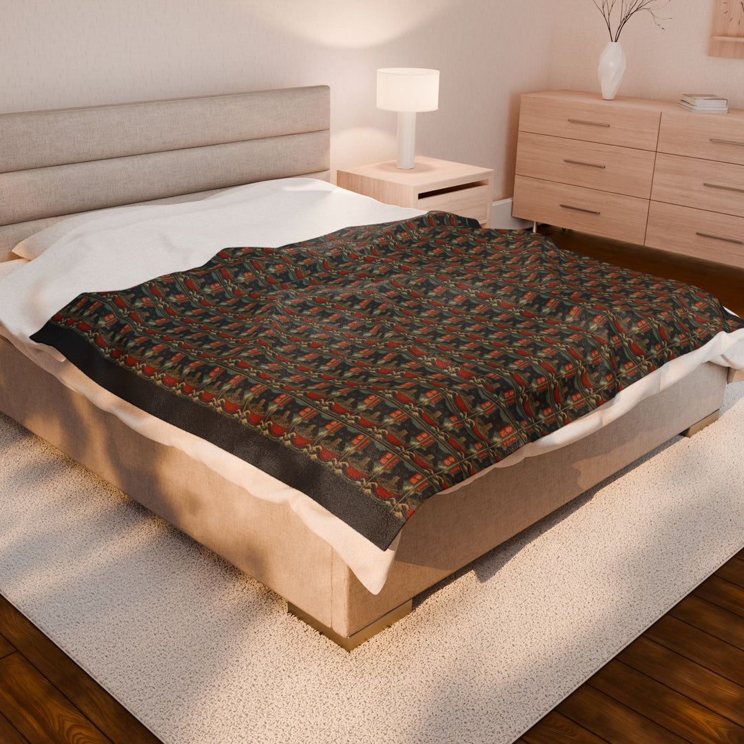 Velveteen Plush Blanket Featuring a Repeating Pattern of a Black Cat Eating Ramen in Ukiyo-e Style
