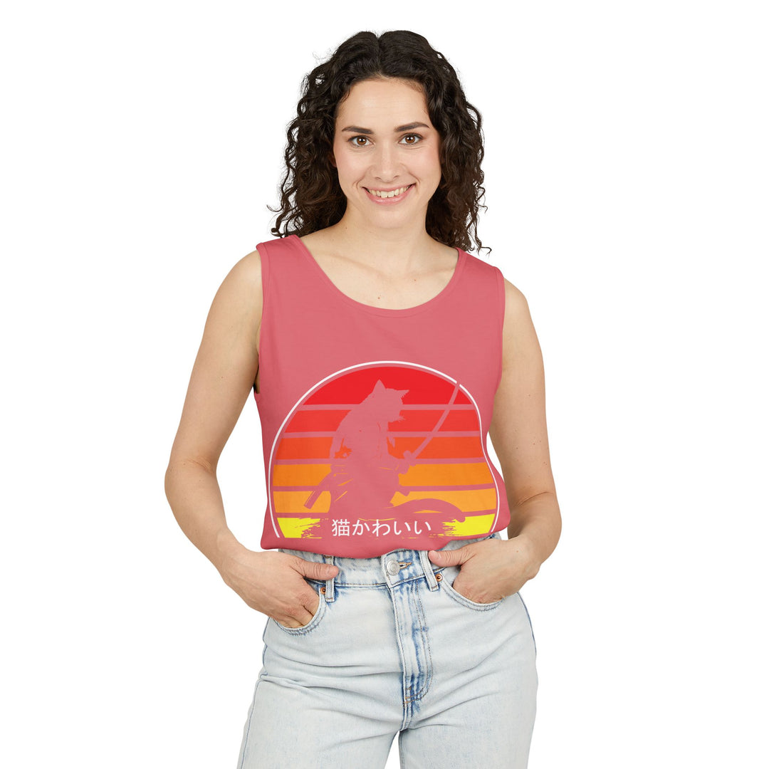 Sunset Cat Tank Top, Unisex Summer Top, Beachwear, Casual Workout Shirt, Gift for Cat Lovers