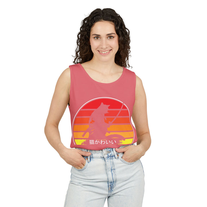 Sunset Cat Tank Top, Unisex Summer Top, Beachwear, Casual Workout Shirt, Gift for Cat Lovers