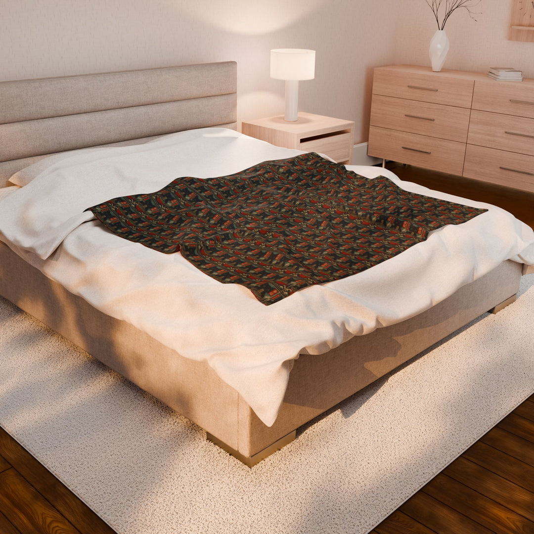 Velveteen Plush Blanket Featuring a Repeating Pattern of a Black Cat Eating Ramen in Ukiyo-e Style