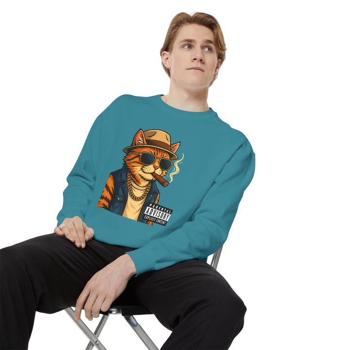 Cool Cat Vintage Sweatshirt with a Black Cat Eating Ramen in a Japanese Ukiyo-e Woodblock Art Style