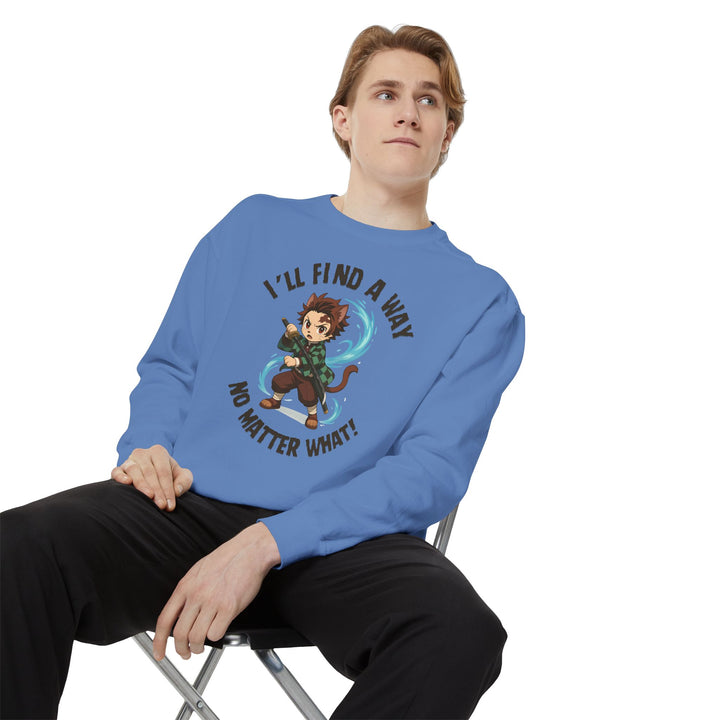 Motivational Unisex Sweatshirt with an Anime-Inspired Cat Demon Slayer and the Slogan "I'll Find a Way No Matter What Inspirational Gift Cozy Fashion Everyday Wear Unique Statement Piece