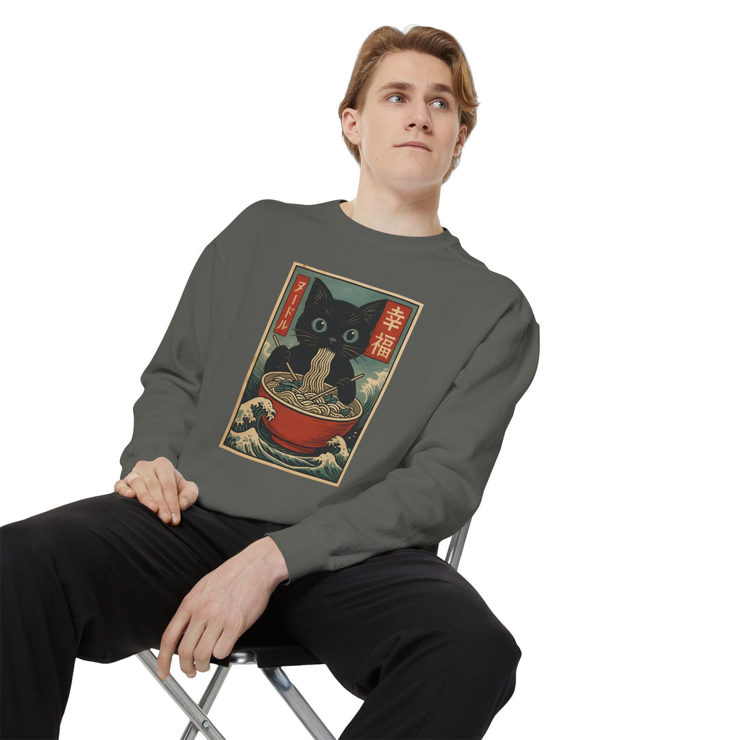Japanese-Inspired Cat Sweatshirt Featuring a Black Cat Eating Ramen in a Classic Ukiyo-e Woodblock Art Style Cozy Unisex Sweater Cute Gift for Cat Lovers Casual Lounge Wear Perfect for Fall