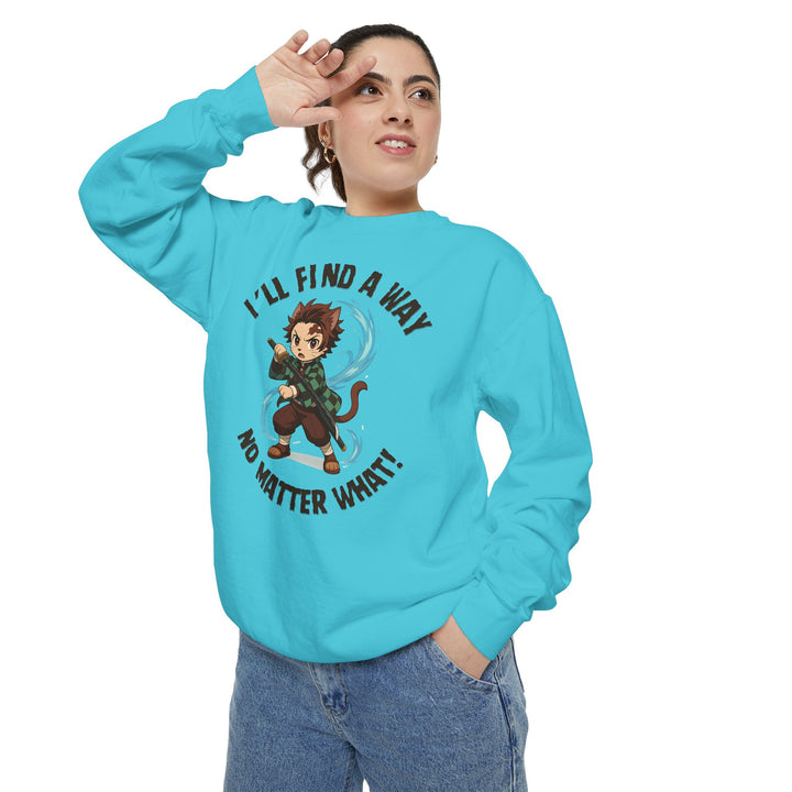 Motivational Unisex Sweatshirt with an Anime-Inspired Cat Demon Slayer and the Slogan "I'll Find a Way No Matter What Inspirational Gift Cozy Fashion Everyday Wear Unique Statement Piece