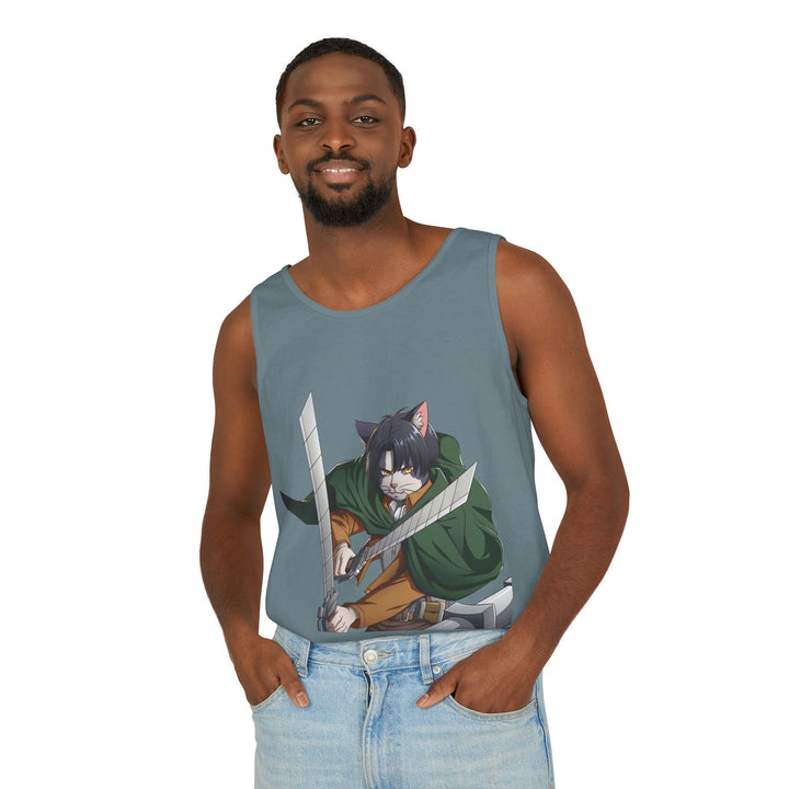 Anime Cat Warrior Tank Top, Unisex Graphic Tee, Cute Anime Apparel, Summer Fashion, Gift for Anime Fans