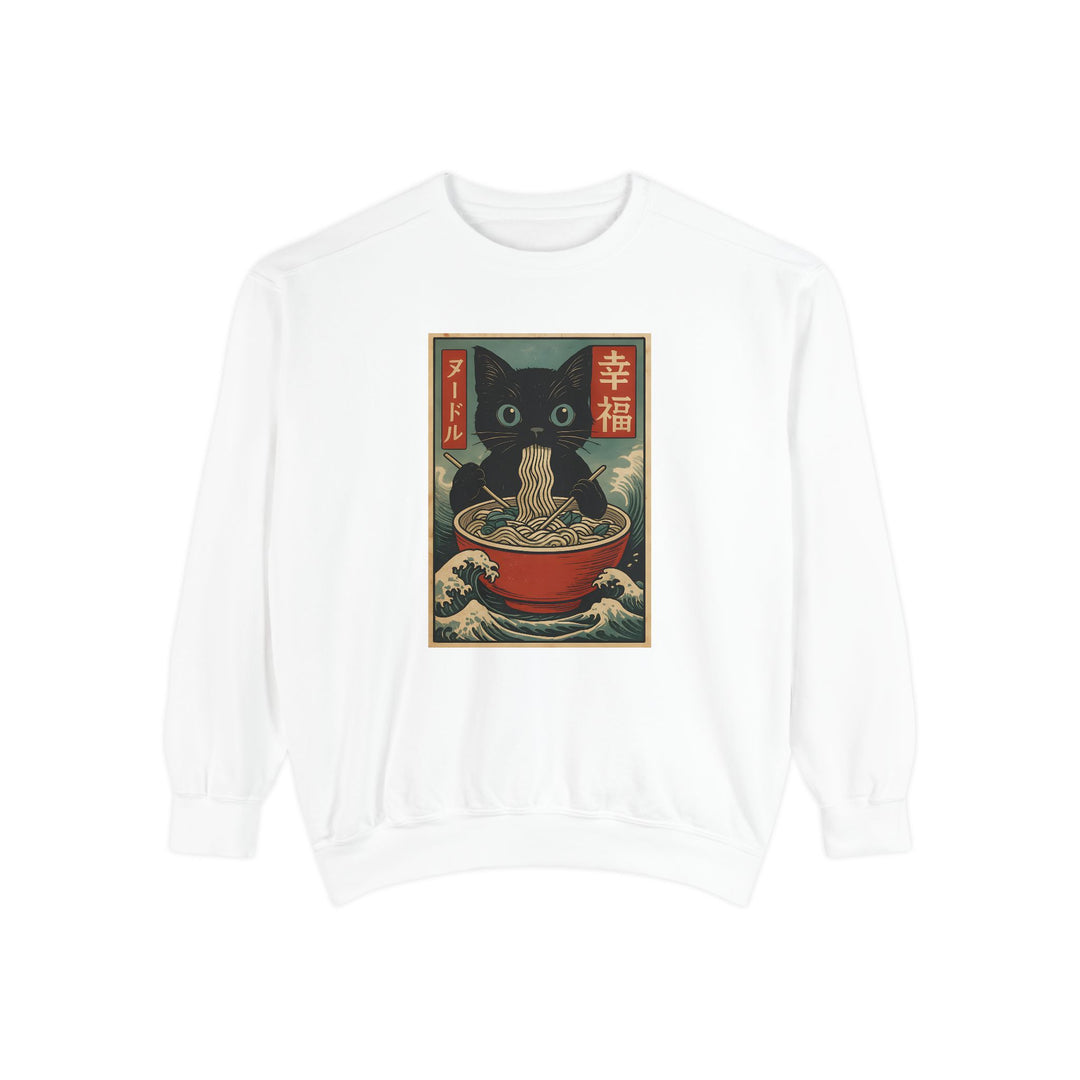 Japanese-Inspired Cat Sweatshirt Featuring a Black Cat Eating Ramen in a Classic Ukiyo-e Woodblock Art Style Cozy Unisex Sweater Cute Gift for Cat Lovers Casual Lounge Wear Perfect for Fall