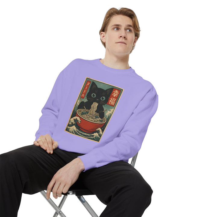 Japanese-Inspired Cat Sweatshirt Featuring a Black Cat Eating Ramen in a Classic Ukiyo-e Woodblock Art Style Cozy Unisex Sweater Cute Gift for Cat Lovers Casual Lounge Wear Perfect for Fall