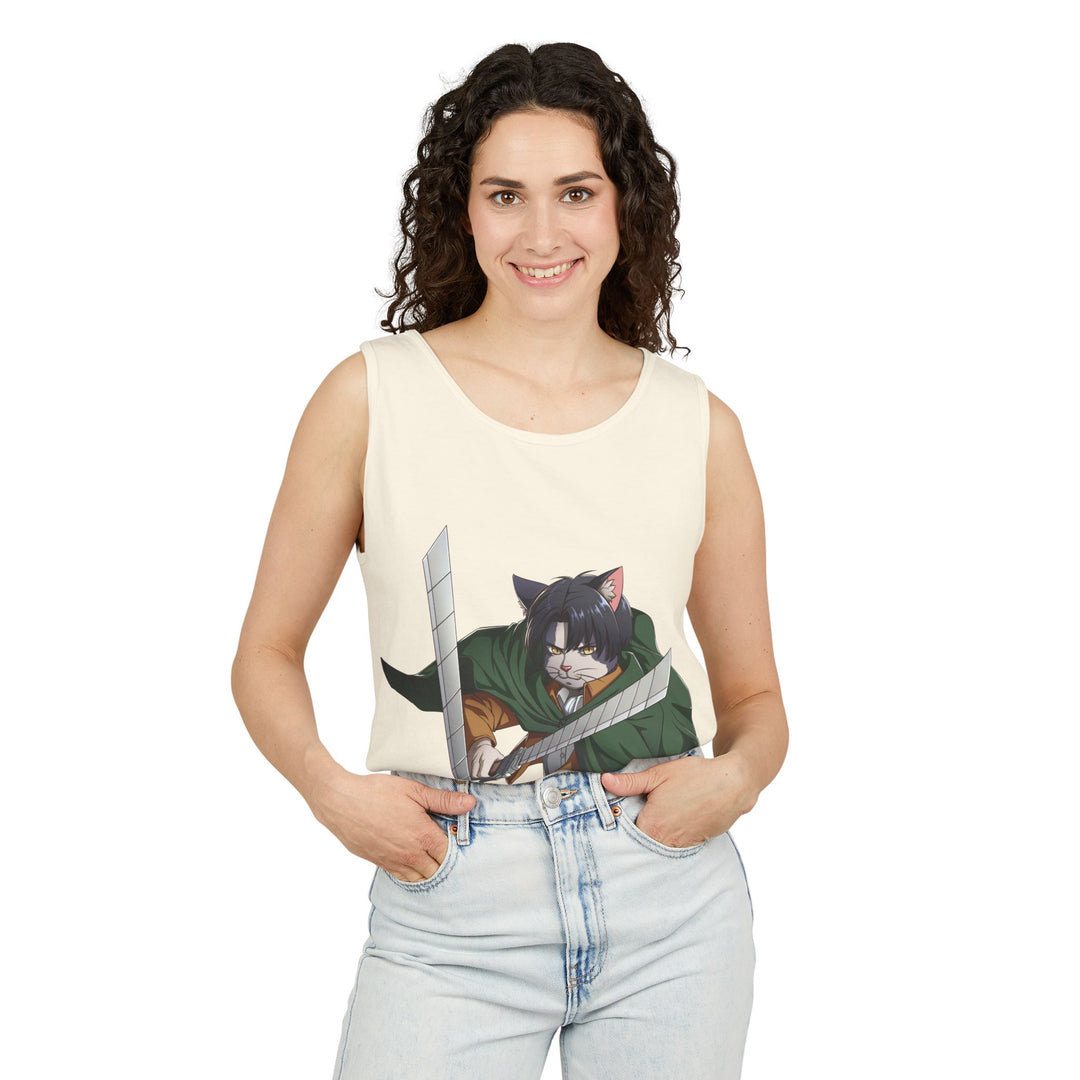 Anime Cat Warrior Tank Top, Unisex Graphic Tee, Cute Anime Apparel, Summer Fashion, Gift for Anime Fans