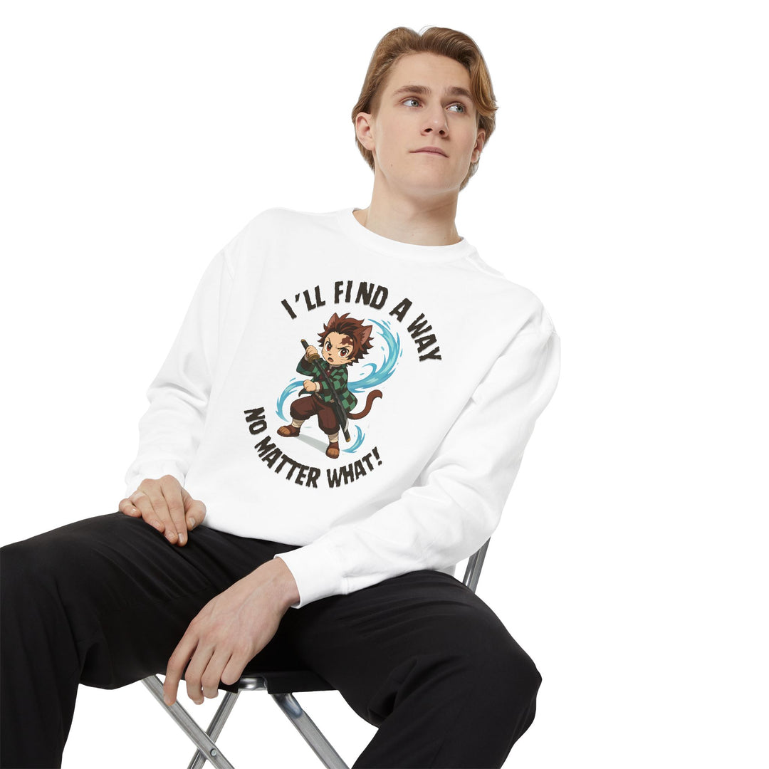 Motivational Unisex Sweatshirt with an Anime-Inspired Cat Demon Slayer and the Slogan "I'll Find a Way No Matter What Inspirational Gift Cozy Fashion Everyday Wear Unique Statement Piece