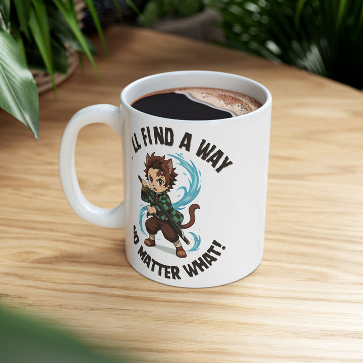 Motivational Ceramic Mug with an Anime-Inspired Cat Demon Slayer and the Slogan I'll Find a Way No Matter What Cute Coffee Mug Inspirational Drinkware Gift for Students Funny Character Mug