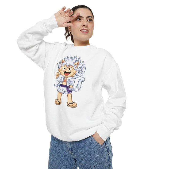 Cute Cat Character Sweatshirt Featuring a Whimsical Feline in a Cheerful Anime Inspired Pose for Fans of Unique Graphics Animal Lover Apparel Fun Fashion Casual Wear