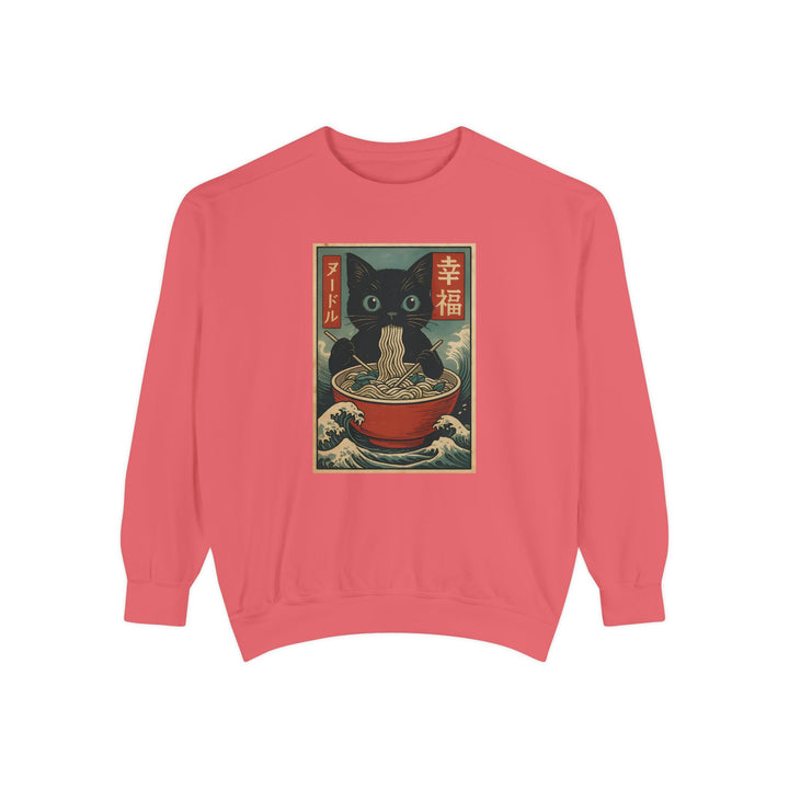 Japanese-Inspired Cat Sweatshirt Featuring a Black Cat Eating Ramen in a Classic Ukiyo-e Woodblock Art Style Cozy Unisex Sweater Cute Gift for Cat Lovers Casual Lounge Wear Perfect for Fall