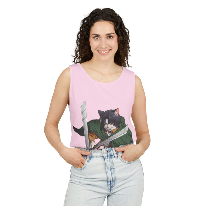Anime Cat Warrior Tank Top, Unisex Graphic Tee, Cute Anime Apparel, Summer Fashion, Gift for Anime Fans