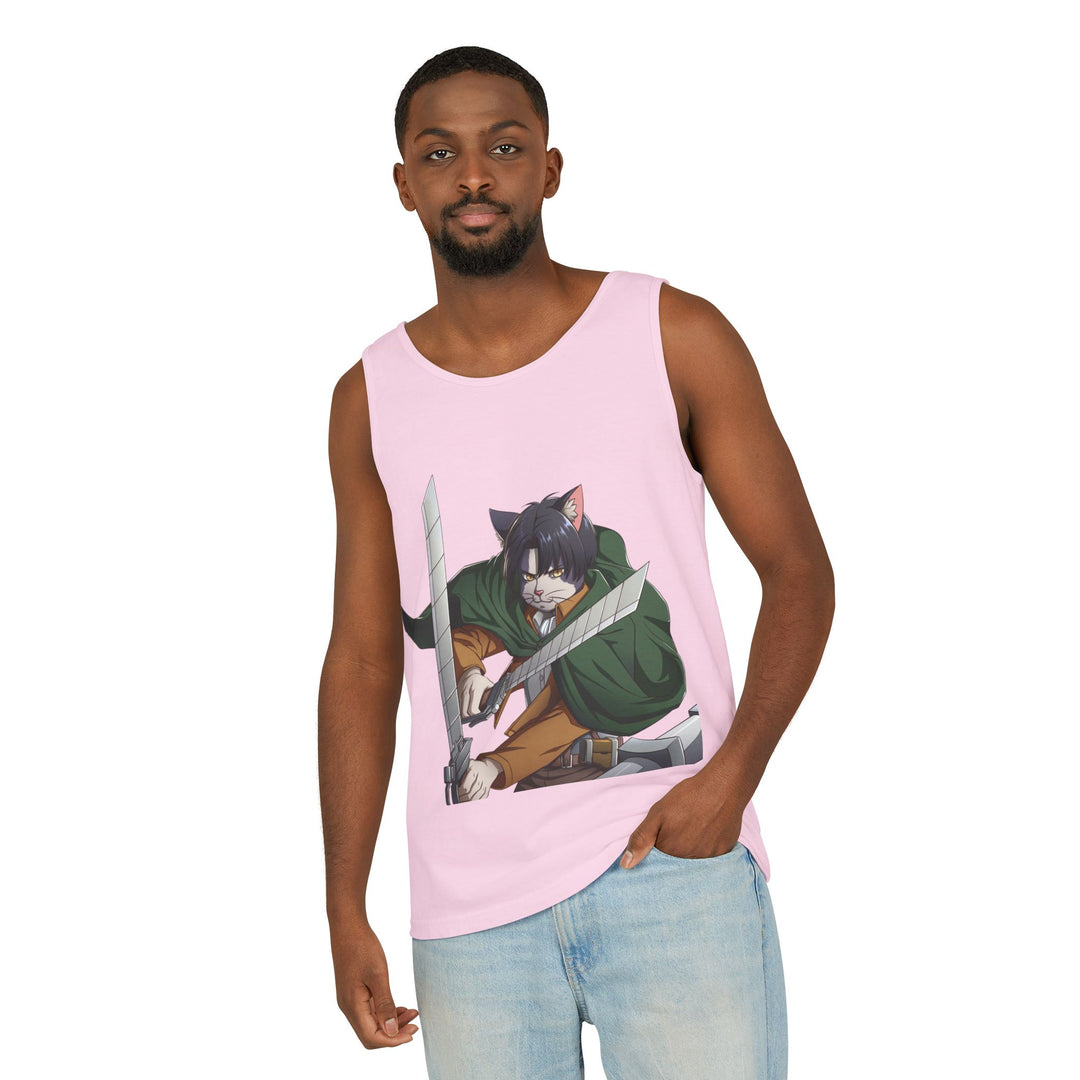 Anime Cat Warrior Tank Top, Unisex Graphic Tee, Cute Anime Apparel, Summer Fashion, Gift for Anime Fans