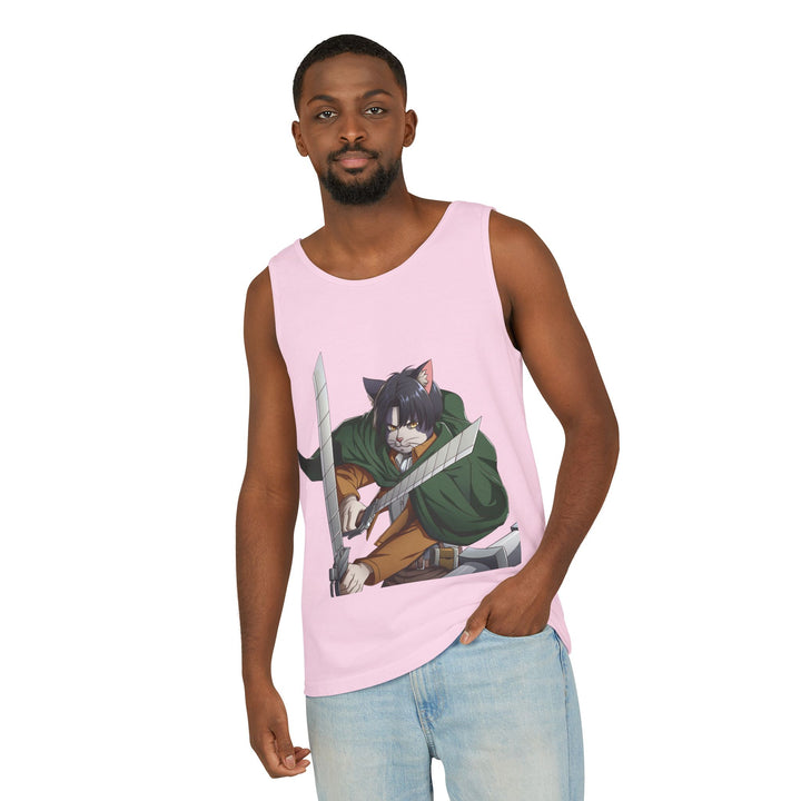 Anime Cat Warrior Tank Top, Unisex Graphic Tee, Cute Anime Apparel, Summer Fashion, Gift for Anime Fans